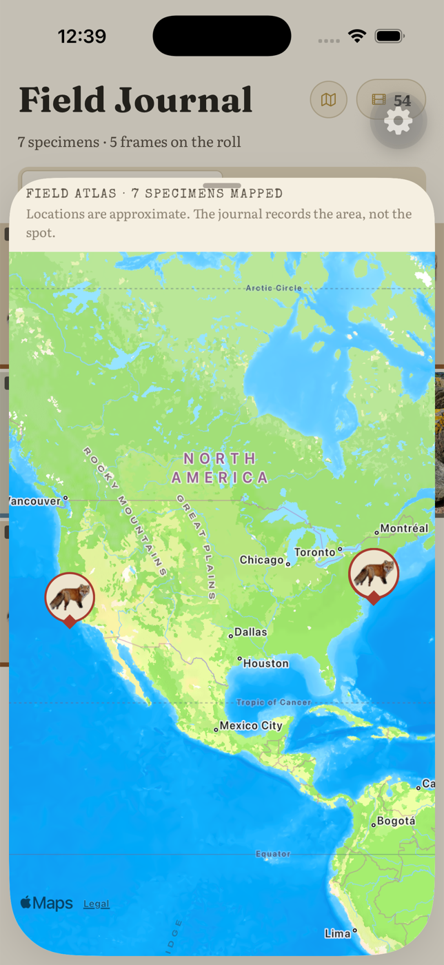 The Field Atlas: captures pinned on a map