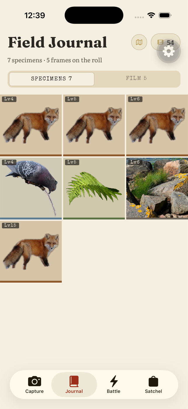 The Field Journal: a grid of captured creatures
